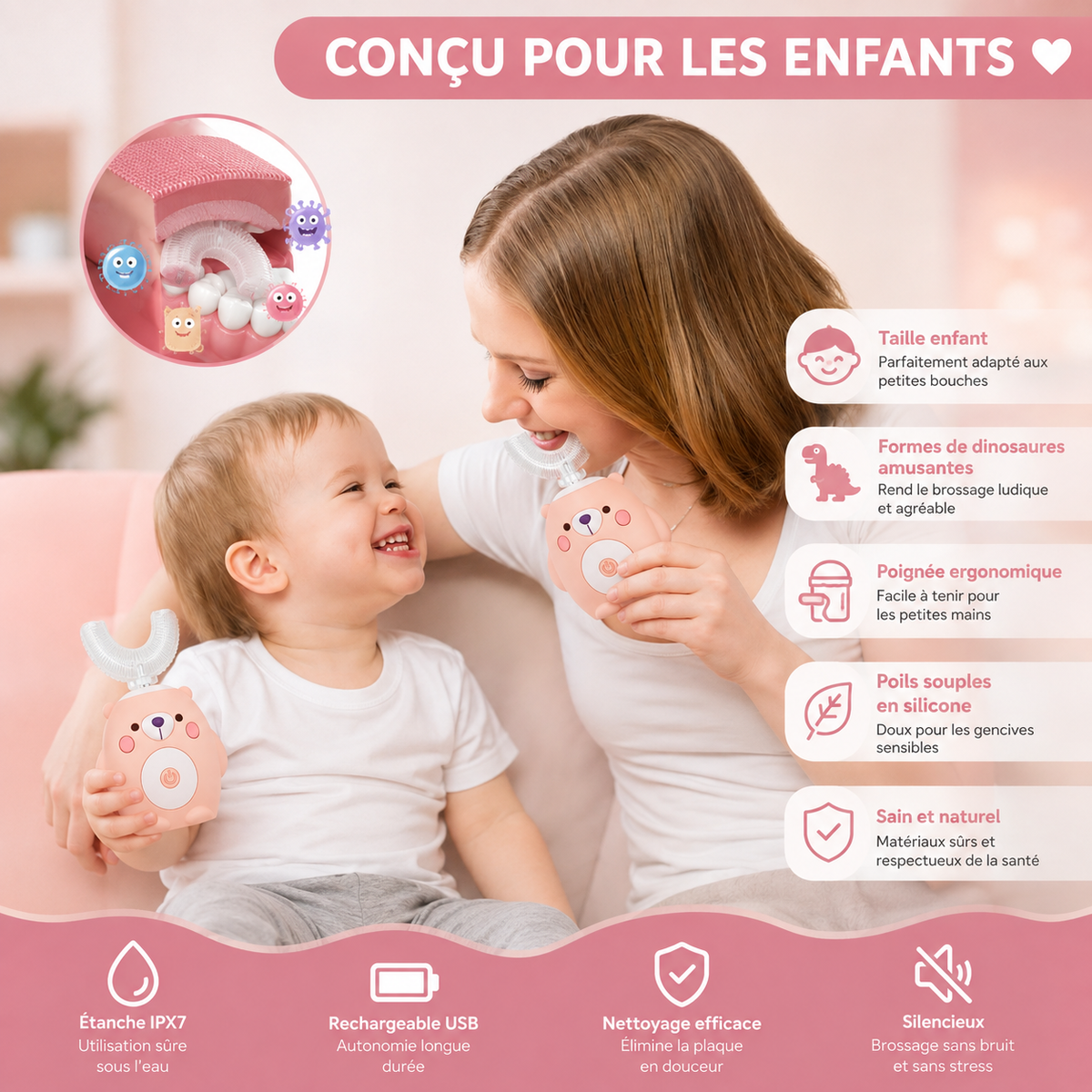 Brosse à dents en U pour enfants électrique 360°